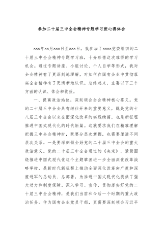 参加二十届三中全会精神专题学习班心得体会