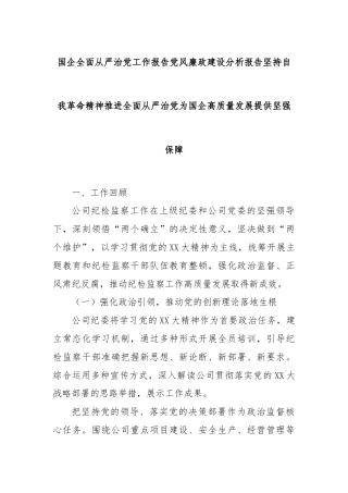 国企全面从严治党工作报告党风廉政建设分析报告坚持自我革命精神推进全面从严治党为国企高质量发展提供坚强