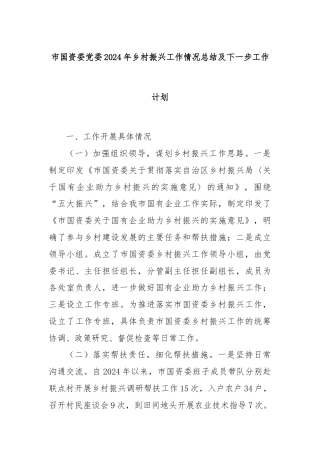 市国资委党委2024年乡村振兴工作情况总结及下一步工作计划