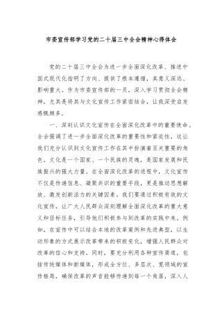 市委宣传部学习党的二十届三中全会精神心得体会