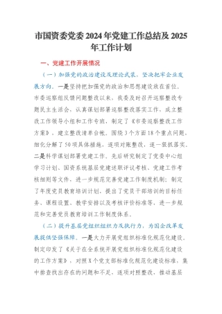 市国资委党委2024年党建工作总结及2025年工作计划