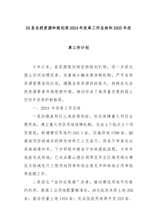 XX县自然资源和规划局2024年改革工作总结和2025年改革工作计划