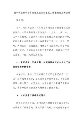 副市长在全市今冬明春农业农村重点工作推进会上的讲话