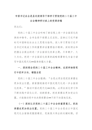 市委书记在全是县处级领导干部学习贯彻党的二十届三中全会精神研讨班上的党课讲稿