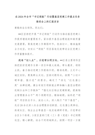 在2024年全市“书记领航”行动暨基层党建工作重点任务推进会上的汇报发言