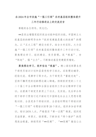 在2024年全市实施“一强三引领”农村基层组织整体提升三年行动推进会上的交流发言