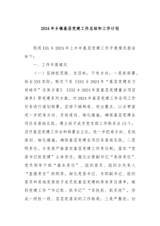 2024年乡镇基层党建工作总结和工作计划