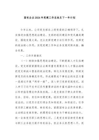 国有企业2024年党建工作总结及下一年计划