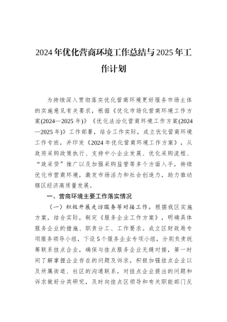 2024年优化营商环境工作总结与2025年工作计划