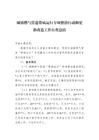 城镇燃气管道带病运行专项整治行动和更新改造工作自查总结
