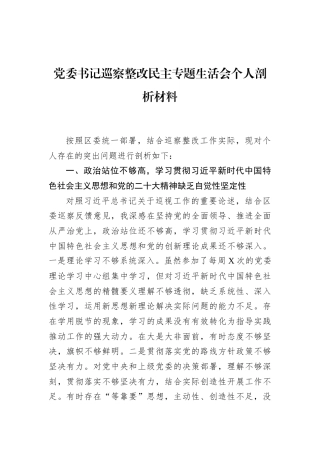 党委书记巡察整改民主专题生活会个人剖析材料