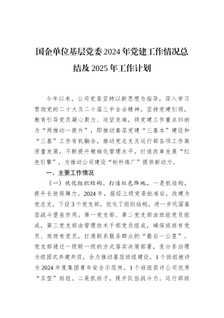 国企单位基层党委2024年党建工作情况总结及2025年工作计划