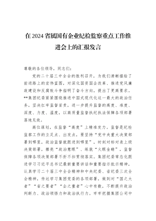 在2024省属国有企业纪检监察重点工作推进会上的汇报发言