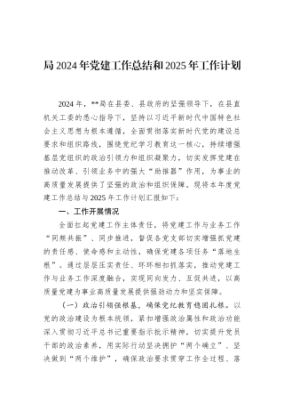 局2024年党建工作总结和2025年工作计划