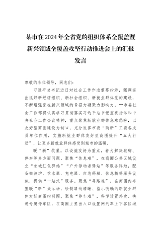 某市在2024年全省党的组织体系全覆盖暨新兴领域全覆盖攻坚行动推进会上的汇报发言