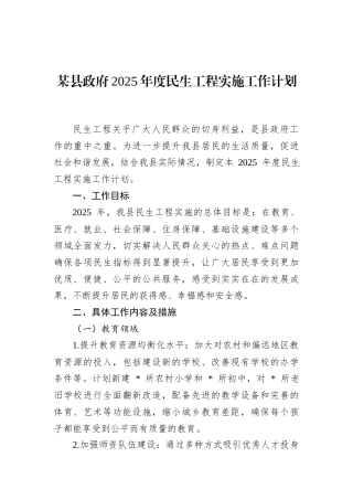 某县政府2025年度民生工程实施工作计划