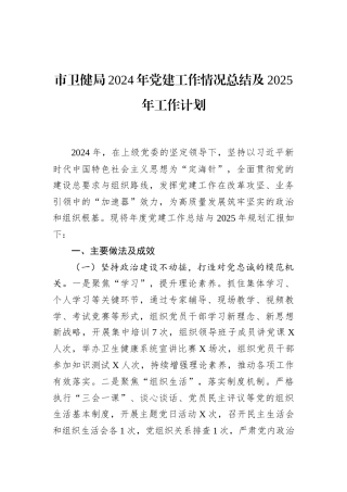 市卫健局2024年党建工作情况总结及2025年工作计划