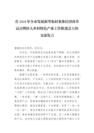 在2024年全市发展新型农村集体经济改革试点暨壮大乡村特色产业工作推进会上的交流发言