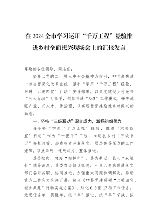 在2024全市学习运用“千万工程”经验推进乡村全面振兴现场会上的汇报发言