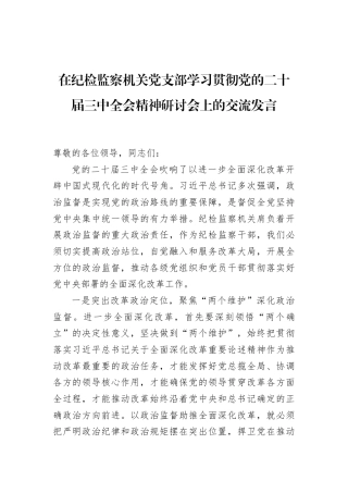 在纪检监察机关党支部学习贯彻党的二十届三中全会精神研讨会上的交流发言
