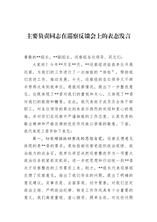 主要负责同志在巡察反馈会上的表态发言