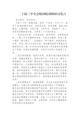 二十届三中全会精神轮训班研讨发言