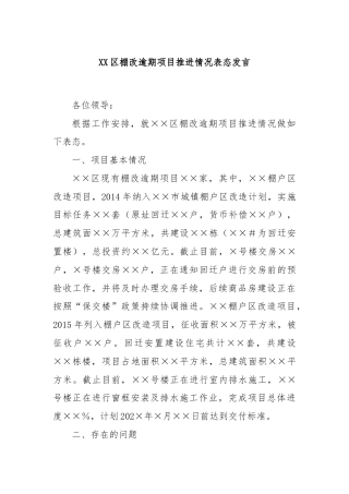 XX区棚改逾期项目推进情况表态发言