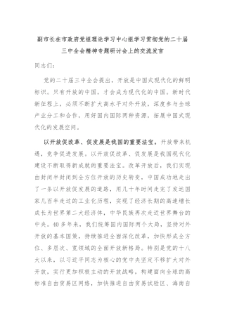 副市长在市政府党组理论学习中心组学习贯彻党的二十届三中全会精神专题研讨会上的交流发言