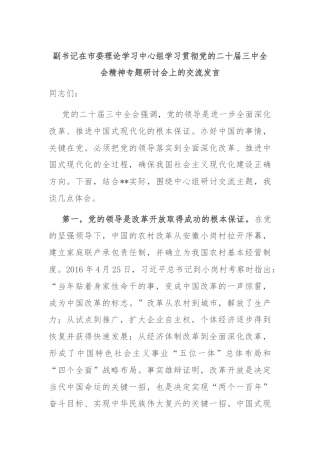 副书记在市委理论学习中心组学习贯彻党的二十届三中全会精神专题研讨会上的交流发言