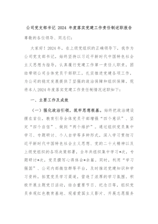 公司党支部书记 2024 年度落实党建工作责任制述职报告