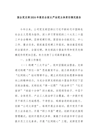 国企党支部2024年落实全面从严治党主体责任情况报告