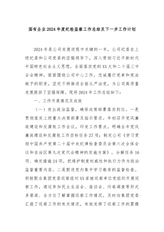 国有企业2024年度纪检监察工作总结及下一步工作计划