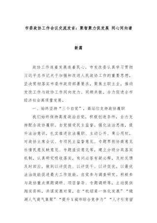市委政协工作会议交流发言：聚智聚力促发展 同心同向谱新篇