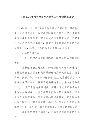 乡镇2024年落实全面从严治党主体责任情况报告
