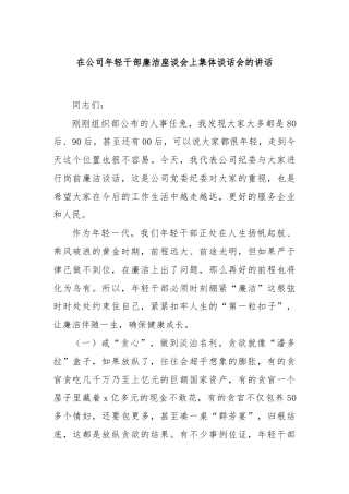在公司年轻干部廉洁座谈会上集体谈话会的讲话