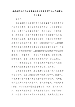 在排查防范个人极端案事件风险隐患专项行动工作部署会上的讲话