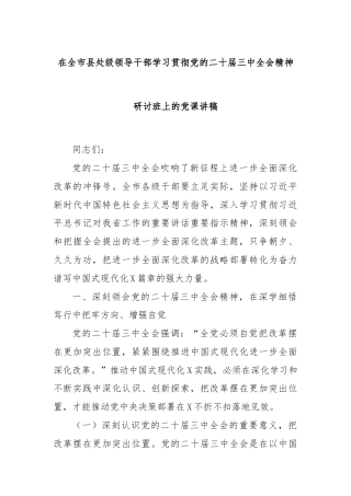 在全市县处级领导干部学习贯彻党的二十届三中全会精神研讨班上的党课讲稿