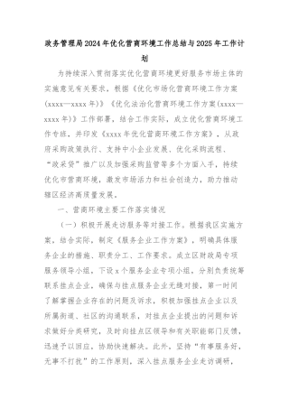 政务管理局2024年优化营商环境工作总结与2025年工作计划