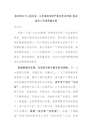 组织部长中心组发言：以更高标准更严要求更实举措 推动组织工作高质量发展