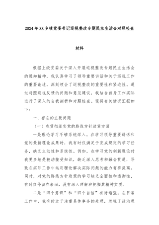 2024年XX乡镇党委书记巡视整改专题民主生活会对照检查材料