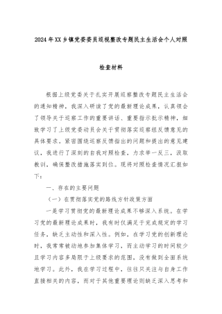 2024年XX乡镇党委委员巡视整改专题民主生活会个人对照检查材料