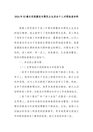 2024年XX镇长巡视整改专题民主生活会个人对照检查材料