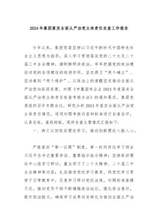 2024年集团落实全面从严治党主体责任自查工作报告