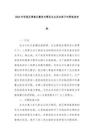 2024年巡视反馈意见整改专题民生生活会班子对照检查材料