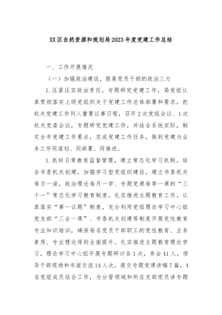 XX区自然资源和规划局2023年度党建工作总结