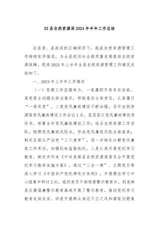 XX县自然资源局2024年半年工作总结