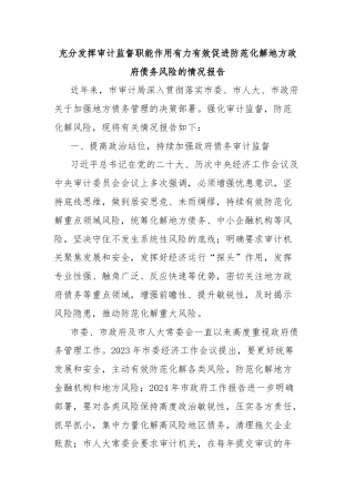 充分发挥审计监督职能作用有力有效促进防范化解地方政府债务风险的情况报告