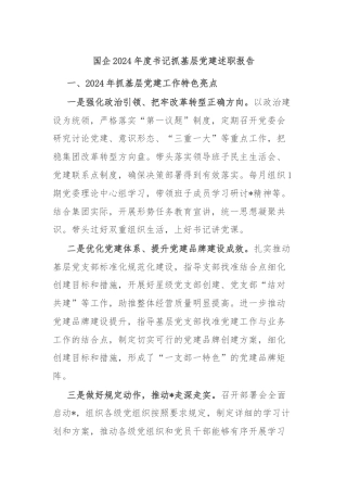 国企2024年度书记抓基层党建述职报告