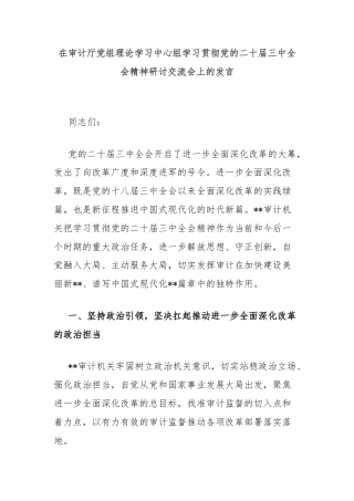 在审计厅党组理论学习中心组学习贯彻党的二十届三中全会精神研讨交流会上的发言