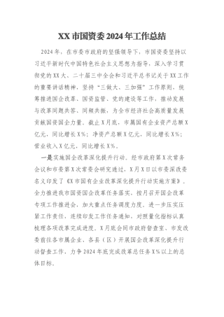 XX市国资委2024年工作总结